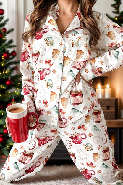 Printed Collared Neck Top and Pants Lounge Set - White