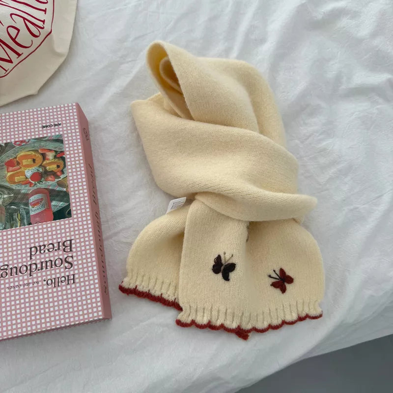 Butterfly Embroidered Knitted Scarf - Off-white One Size