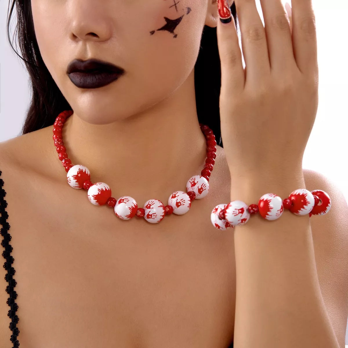 Halloween Necklace and Bracelet Jewelry Set - Red One Size