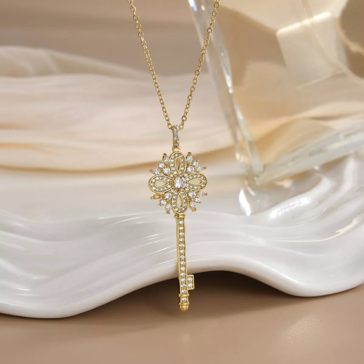 Zircon Key Pendant Necklace - White One Size