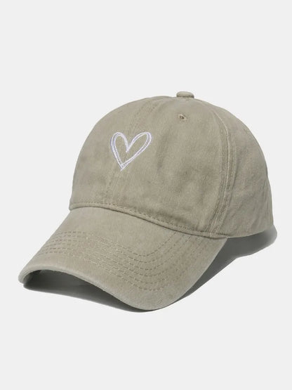Embroidered Heart Washed Cotton Baseball Cap - Beige One Size