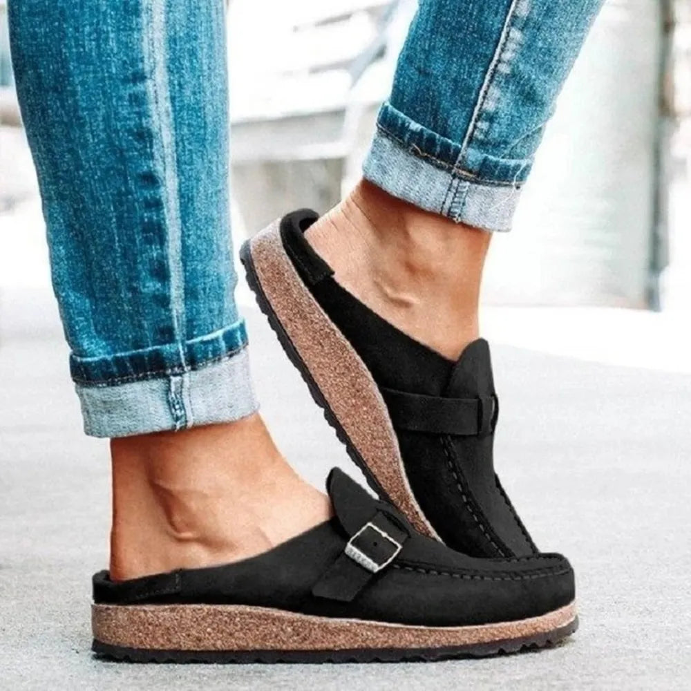Round Toe Low Heel Buckle Loafers - Black