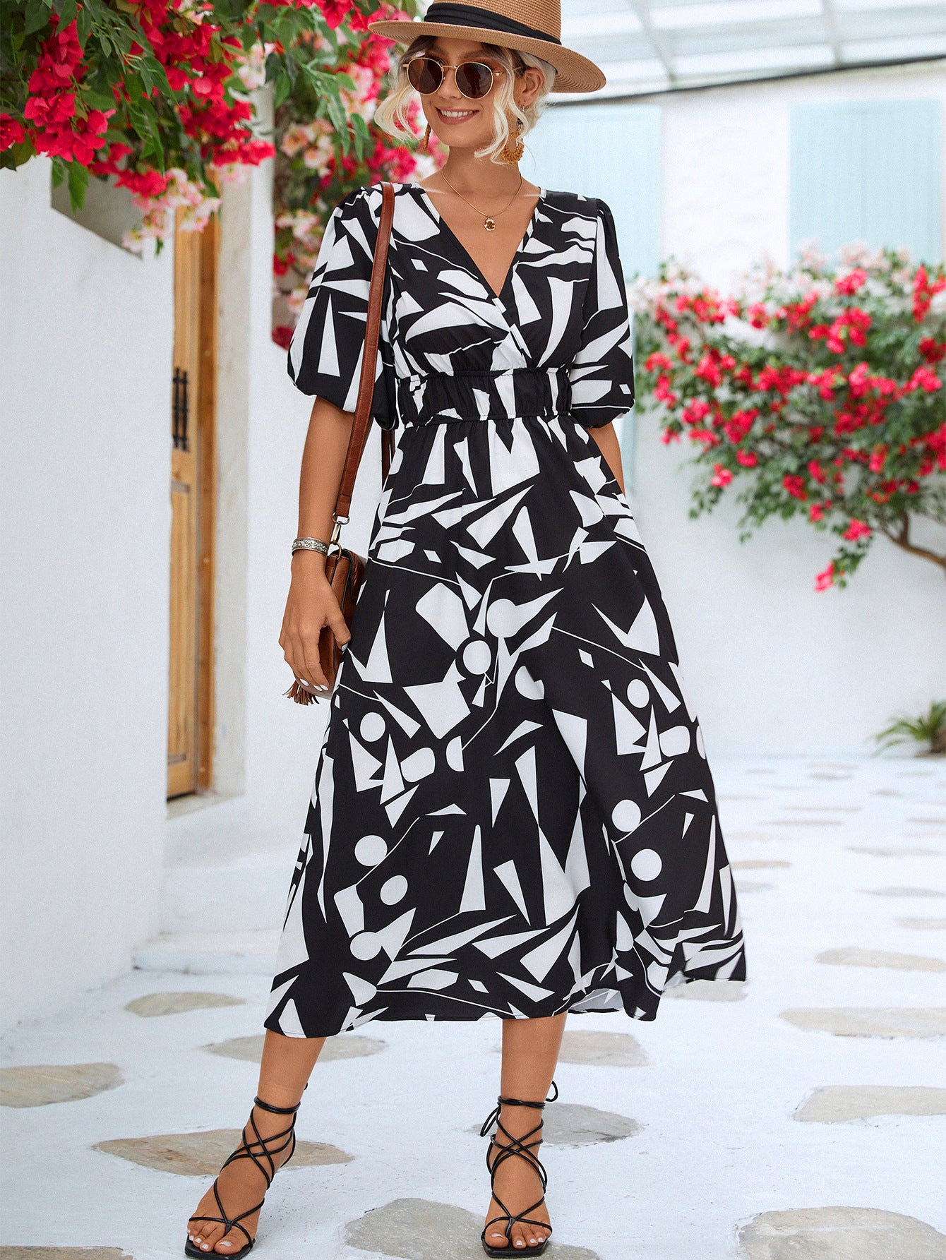 Printed Surplice Balloon Sleeve Dress | AdoreStarr