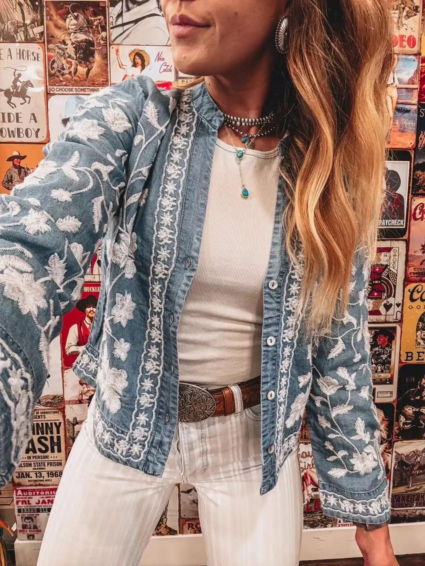 Floral Embroidered Button Up Denim Shirt - Light