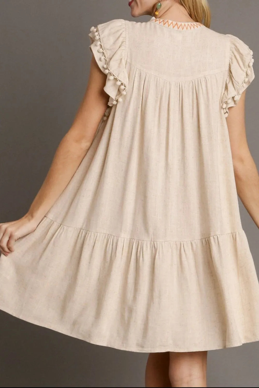 Floral Pom Pom Ruffle Sleeves Mini Dress -
