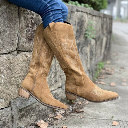 Point Toe Block Heels Boots - Brown