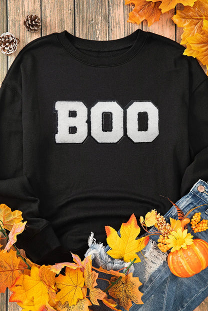 BOO Round Neck Long Sleeve Sweatshirt - Black