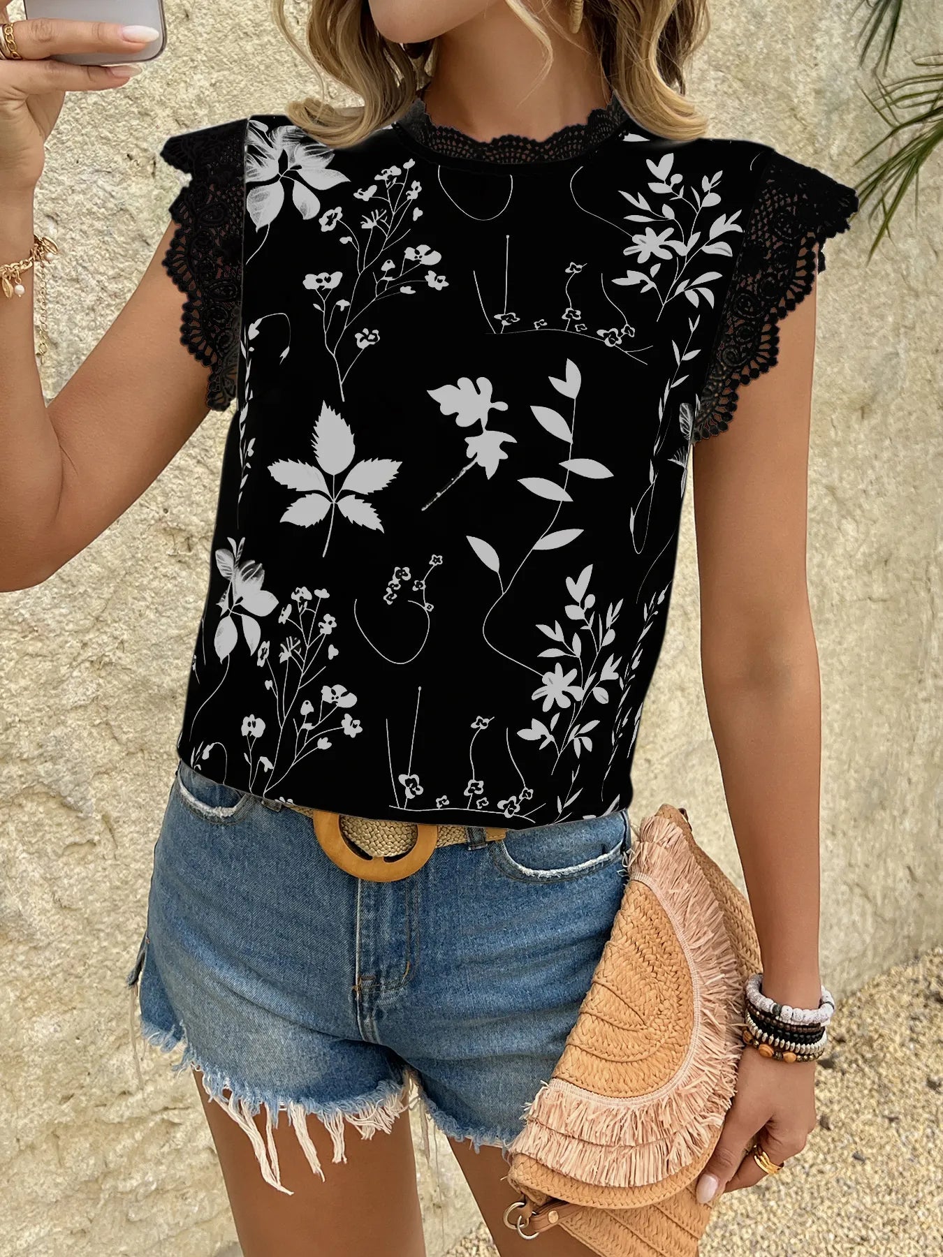 Lace Trim Sleeveless Blouse - Black