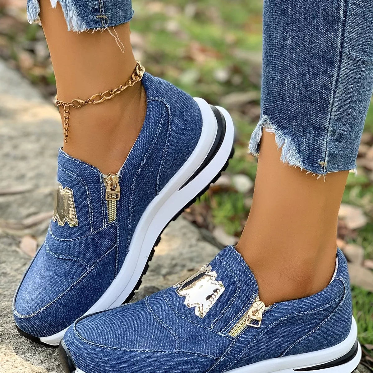 Round Toe Platform Slip-Ons - Blue