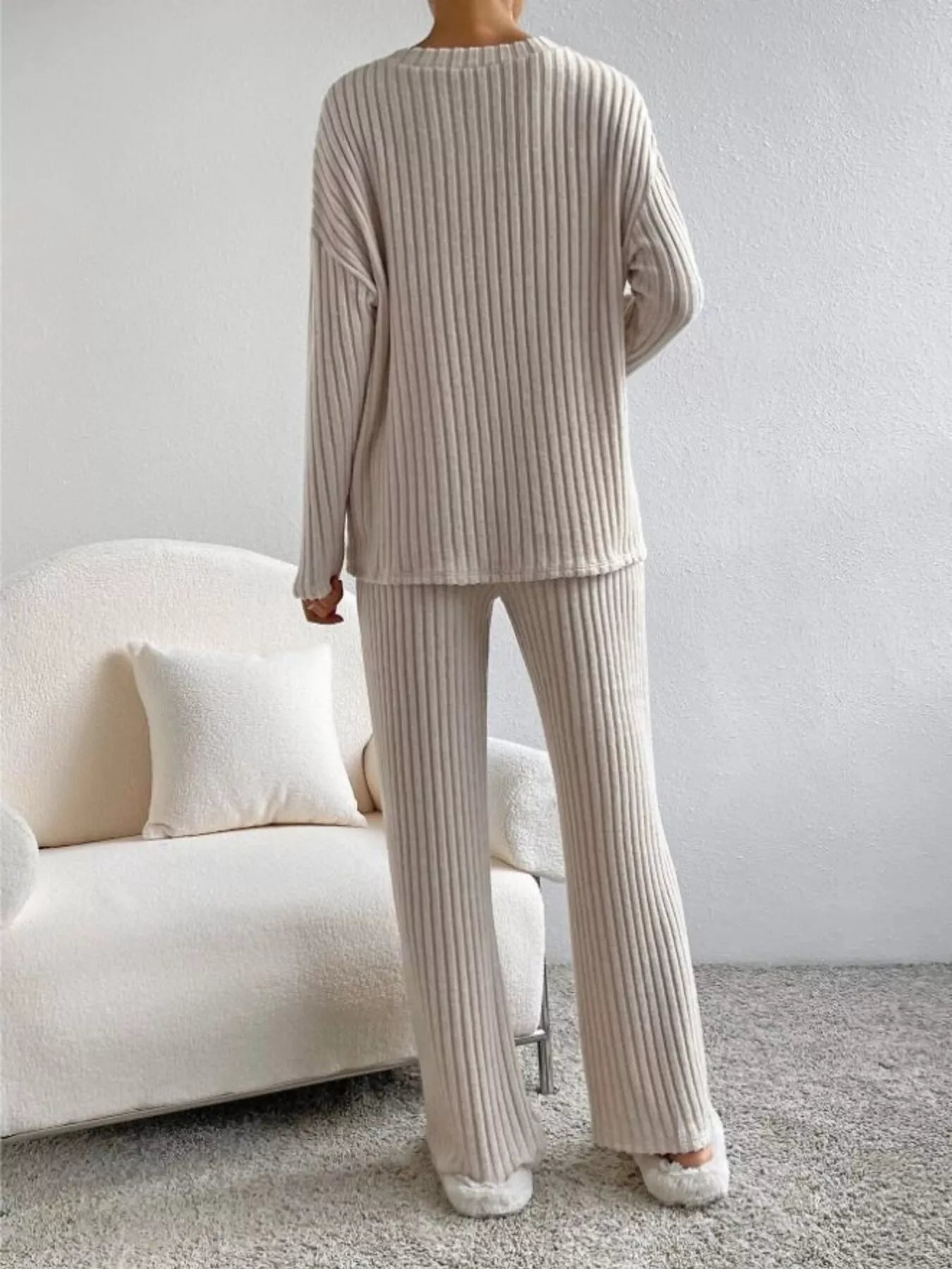 Ribbed Knit V-Neck Top and Pants Set -