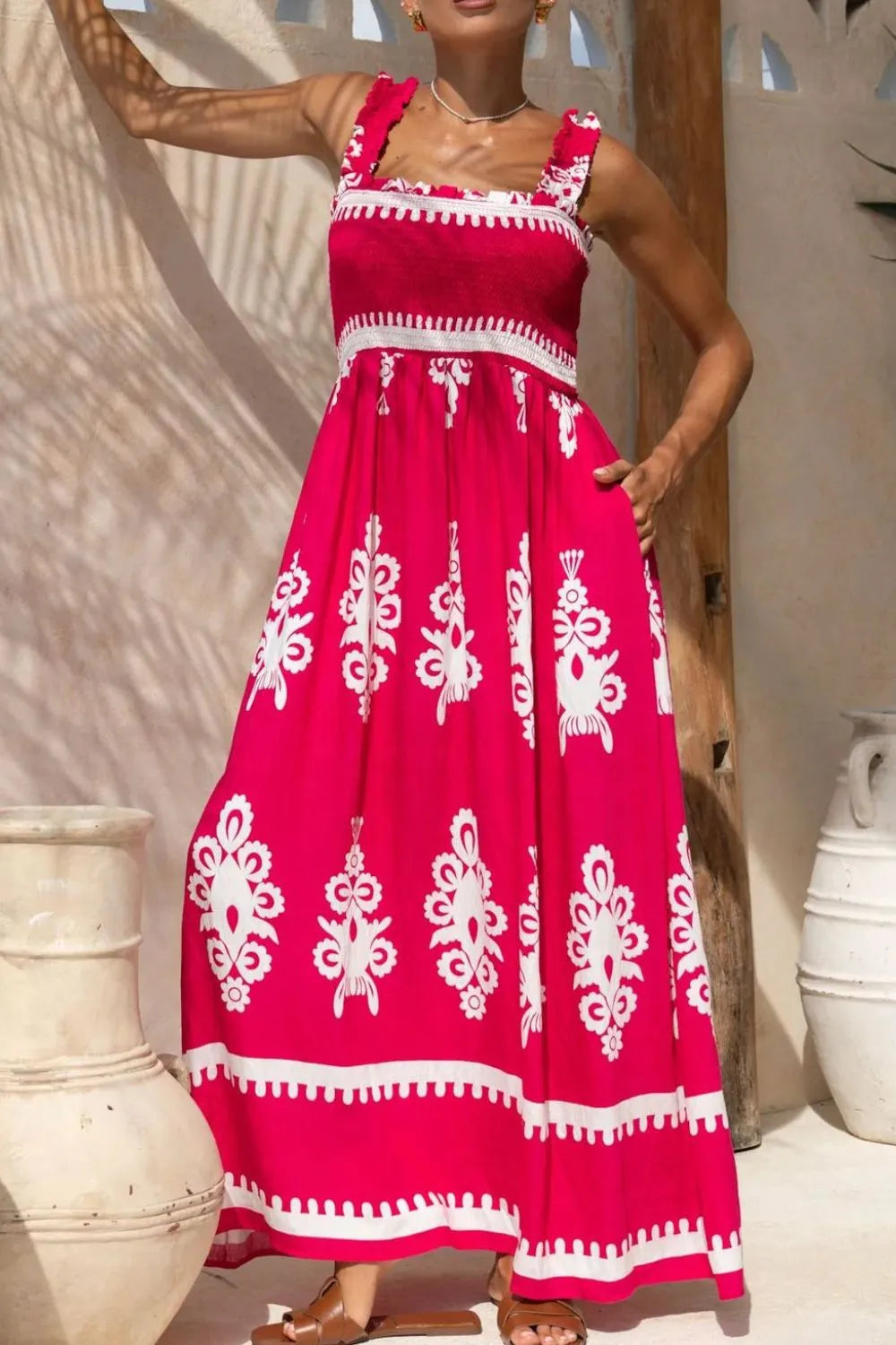 Printed Square Neck Cami Dress - Deep Rose