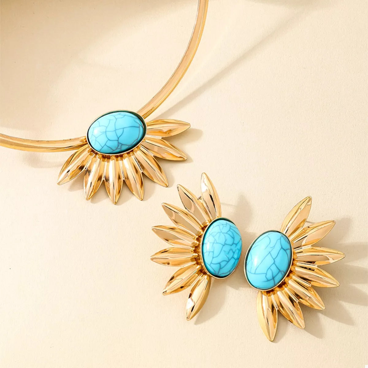 Turquoise Sunflower Necklace and Earrings Jewelry Set -