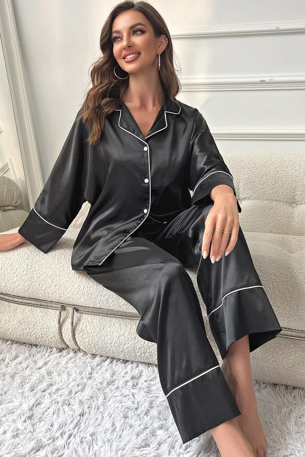 Contrast Piping Button-Up Top and Pants Pajama Set -