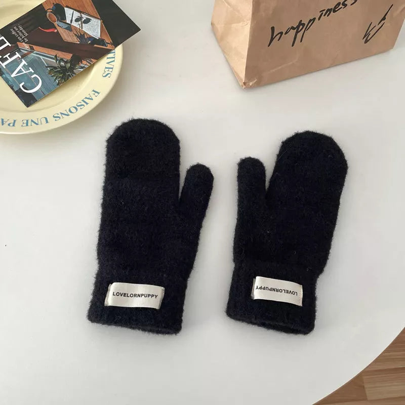 Warm Plush Knitted Mitten Gloves - Black One Size