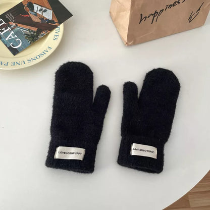 Warm Plush Knitted Mitten Gloves - Black One Size
