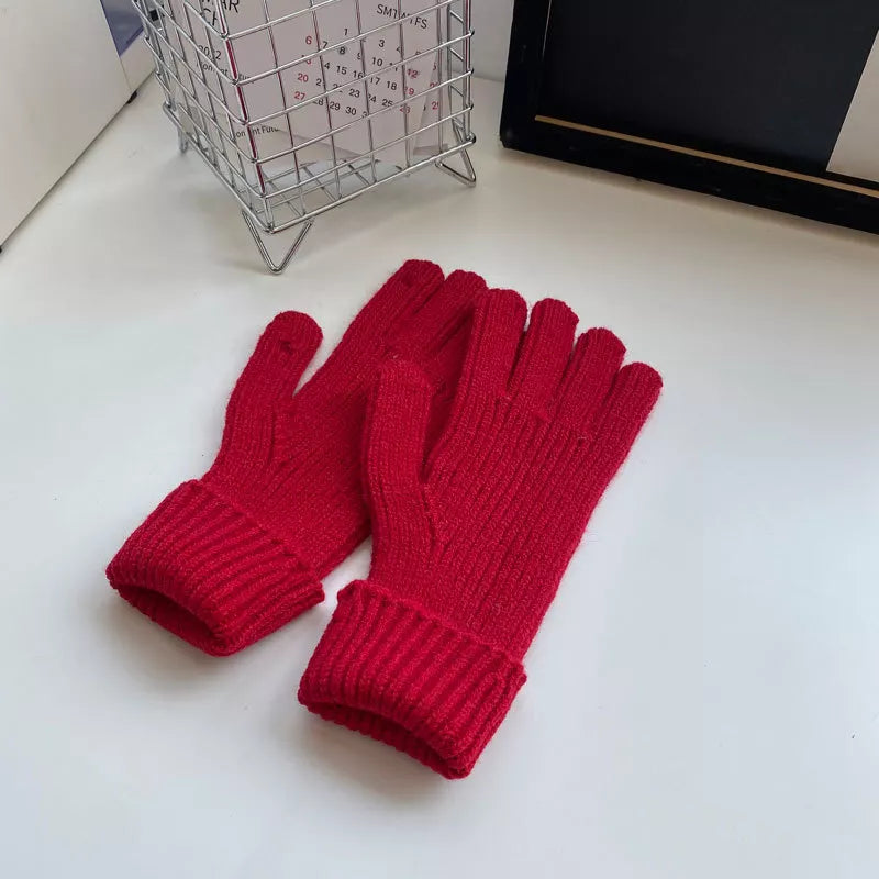 Warm Knitted Winter Gloves - Red One Size