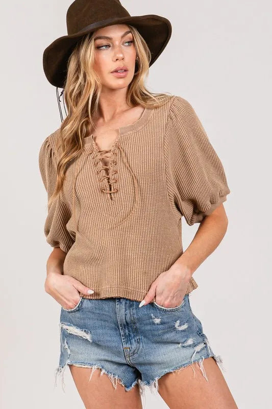 Lace-Up Waffle Knit Crop Top - Camel