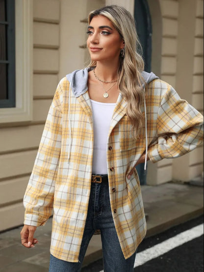 Drawstring Plaid Button Up Hooded Jacket -