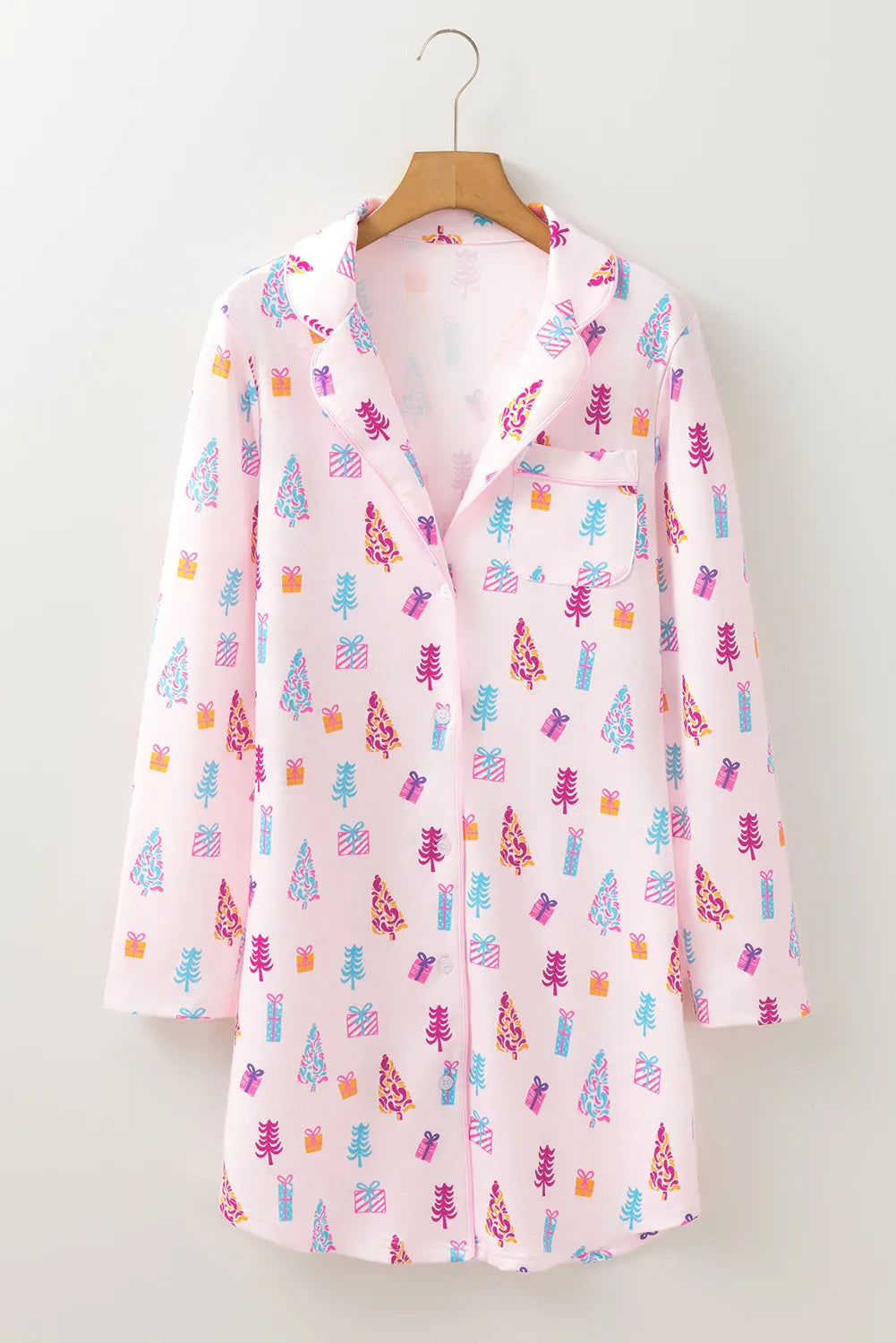 Printed Collared Neck Long Sleeve Lounge Dress -