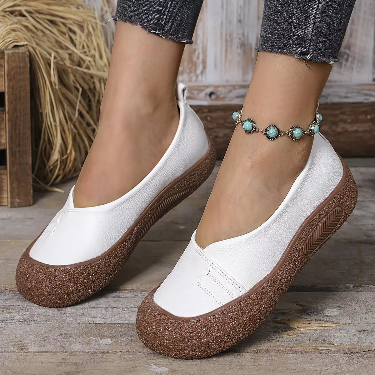 Round Toe Slip-Ons - White