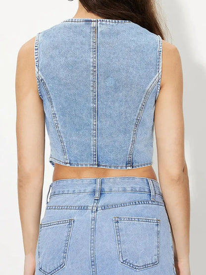 V-Neck Button Up Denim Vest -