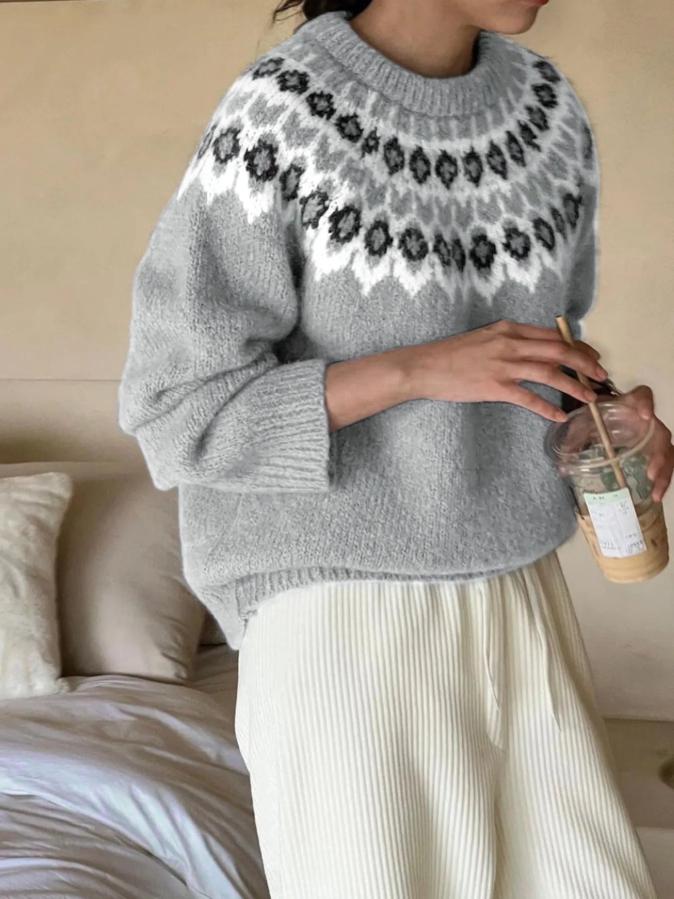 Nordic Fair Isle Pattern Round Neck Sweater - Gray