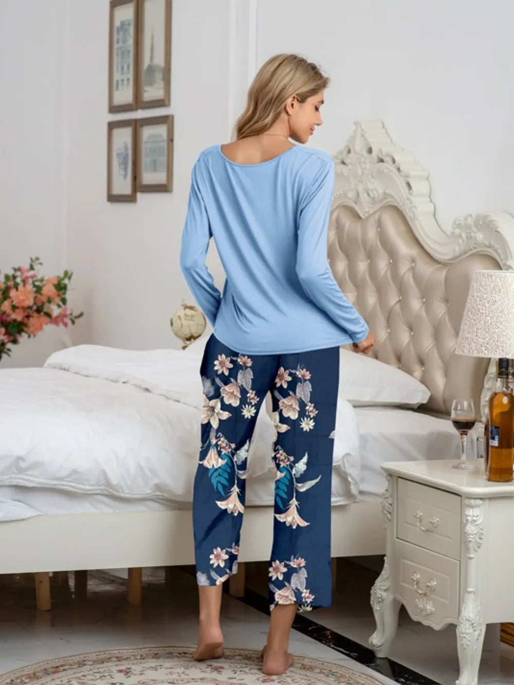 Round Neck Top and Printed Pants Lounge Set -
