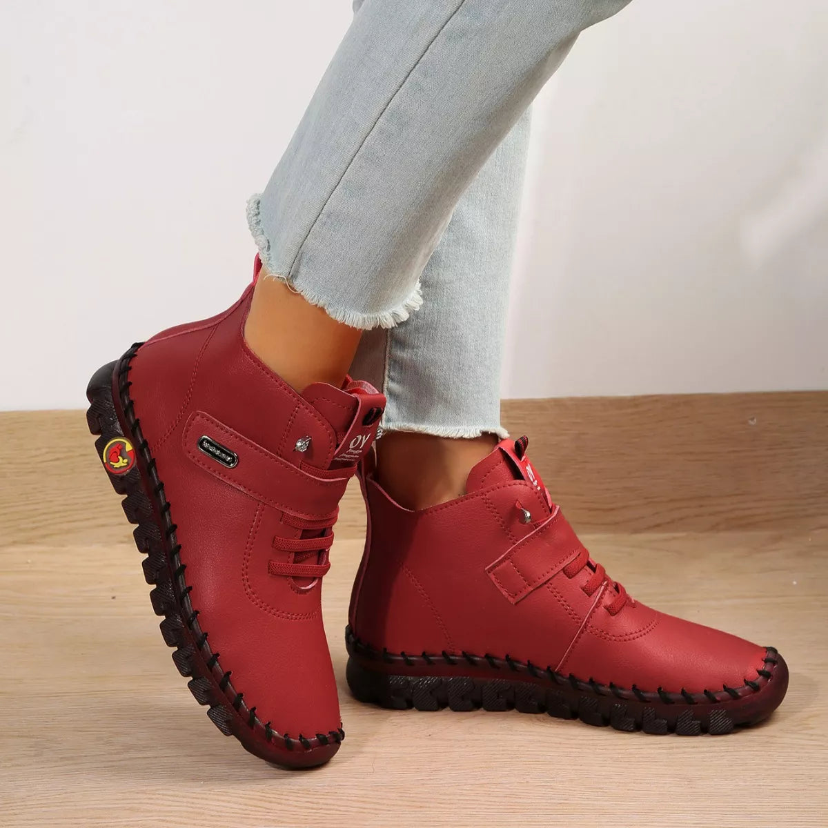 Lace Up Platform Ankle Boots - Red