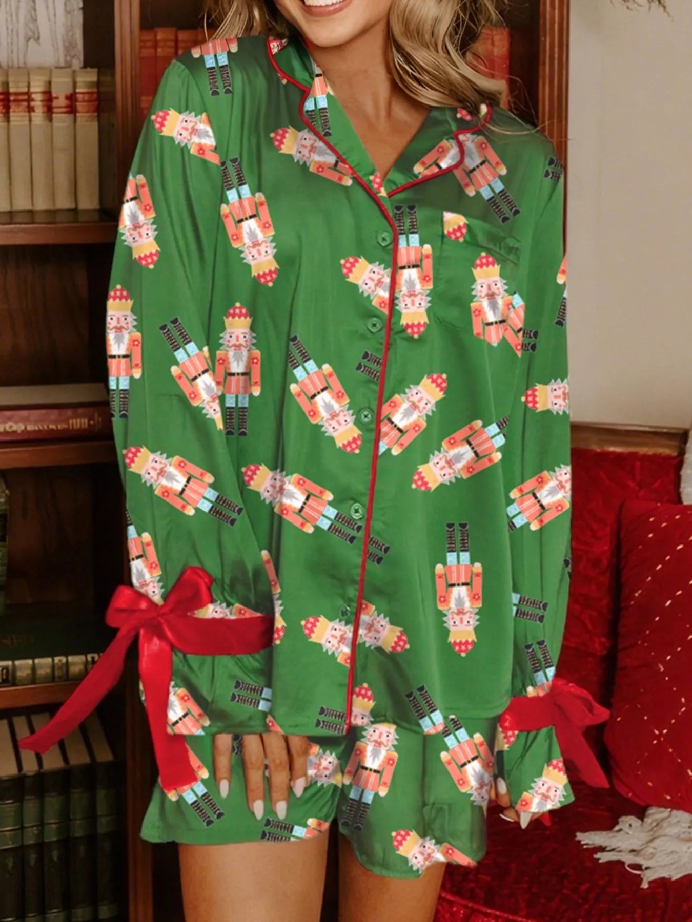 Nutcracker Button Up Top and Shorts Lounge Set - Green