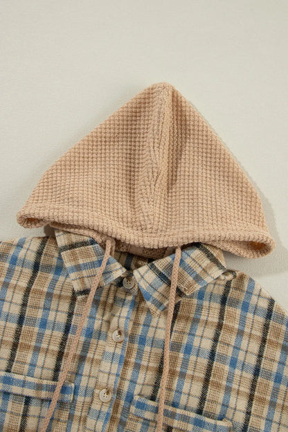Waffle Knit Patchwork Hooded Plaid Shacket - Multicolor