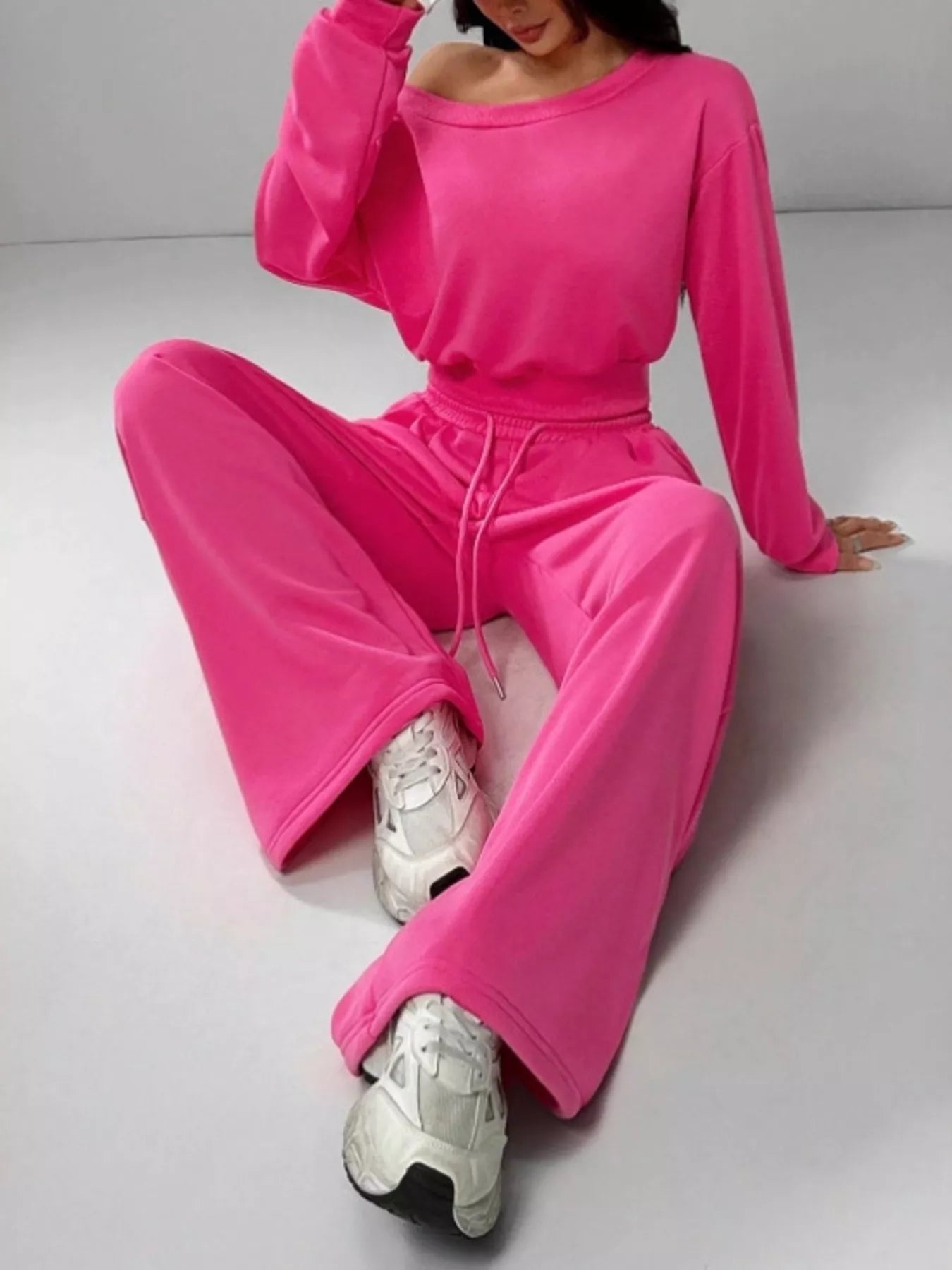 Boat Neck Long Sleeve Top and Pants Set -