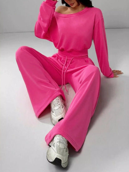 Boat Neck Long Sleeve Top and Pants Set -