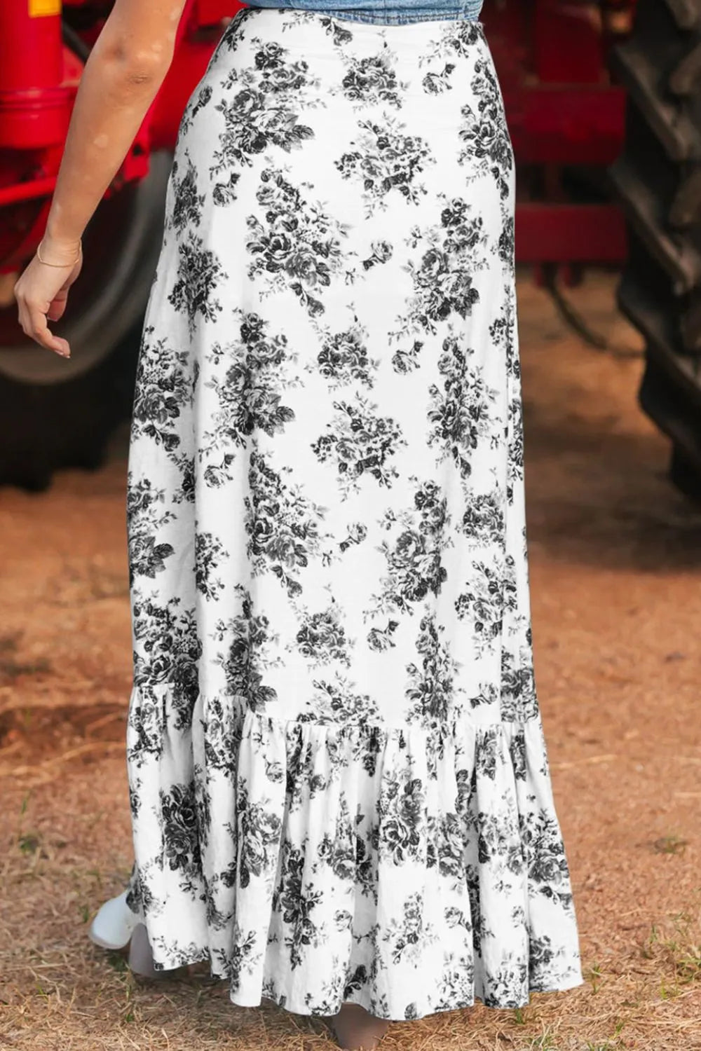 Boho Floral High Waist Ruffle Split Maxi Skirt -