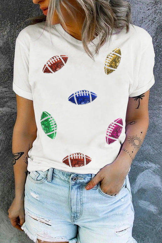 Sequin Football Round Neck Short Sleeve T-Shirt - White