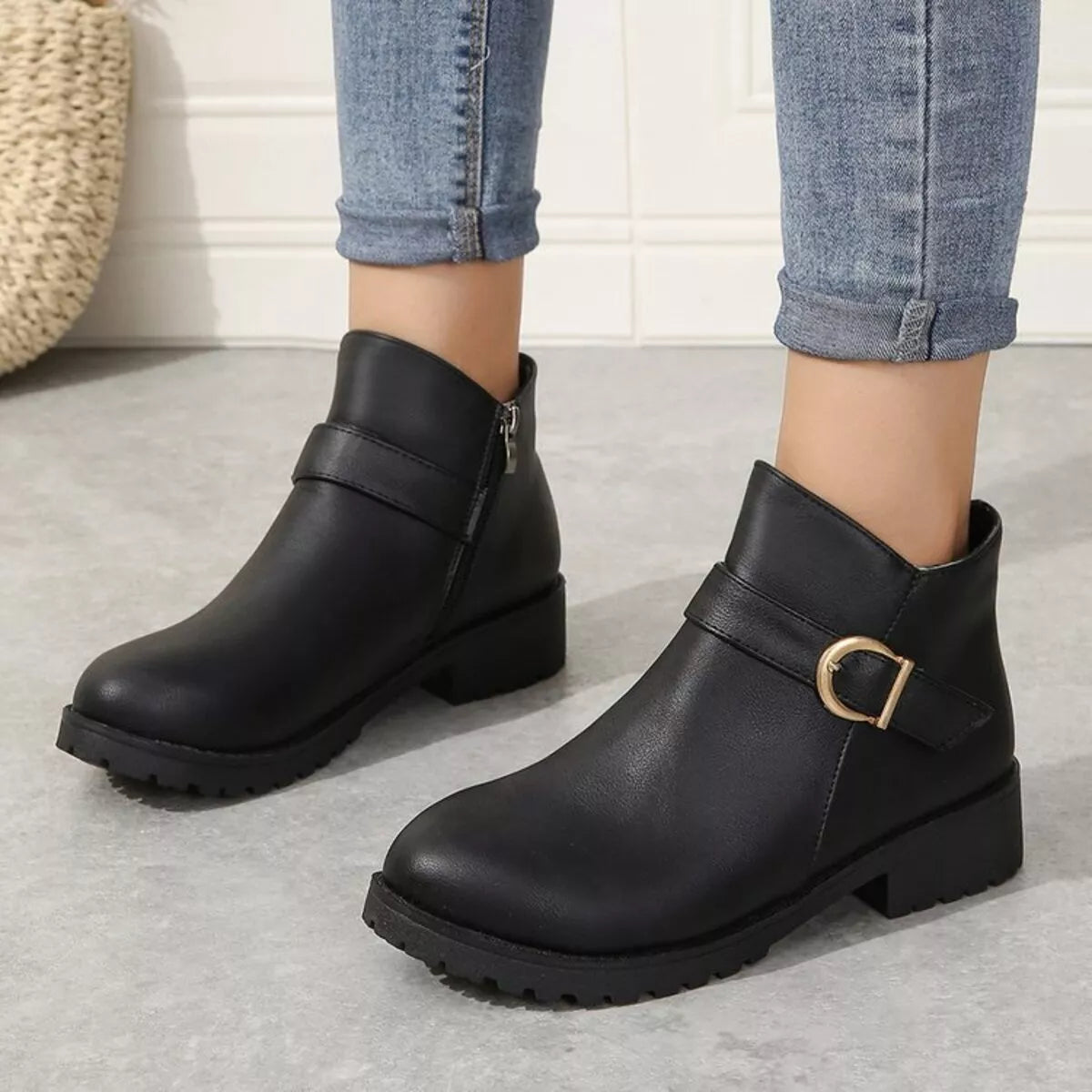 Buckle Accent Ankle Boots - Black