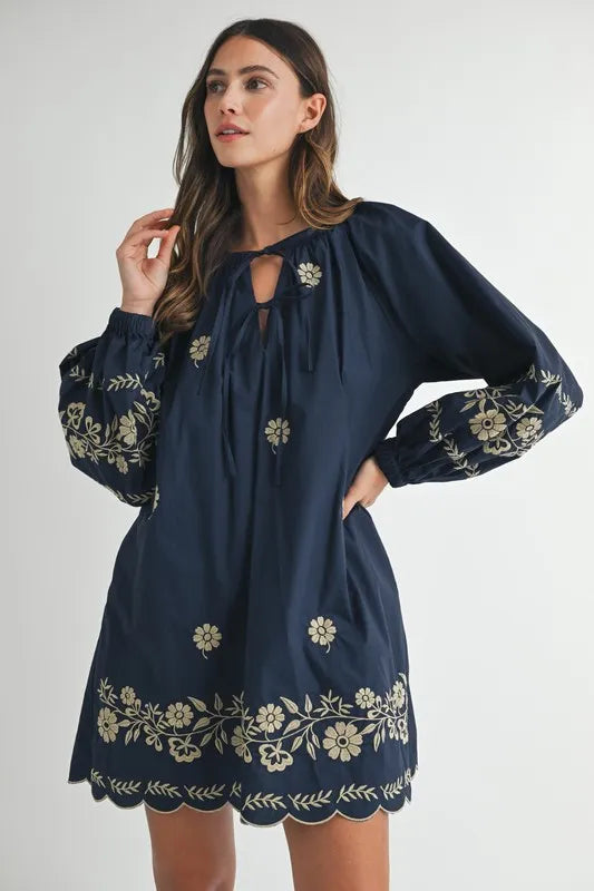 Embroidered Long Sleeve Peasant Mini Dress -
