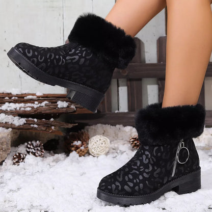 Fuzzy Cuff Leopard Print Ankle Boots -