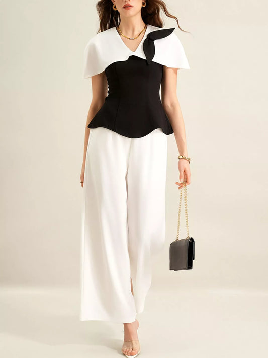 Peplum Top with Wide-Leg Pants Set - Black White