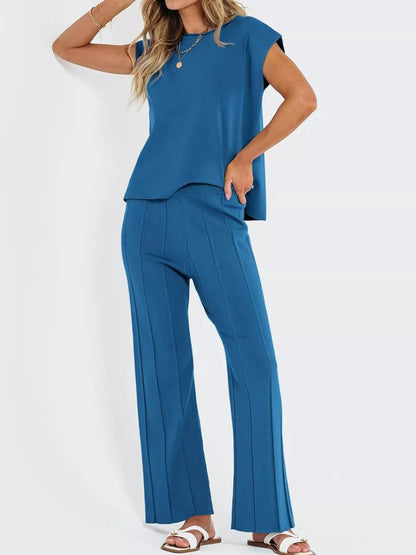 Casual Cap Sleeve Top and Pants Knit Set - Navy