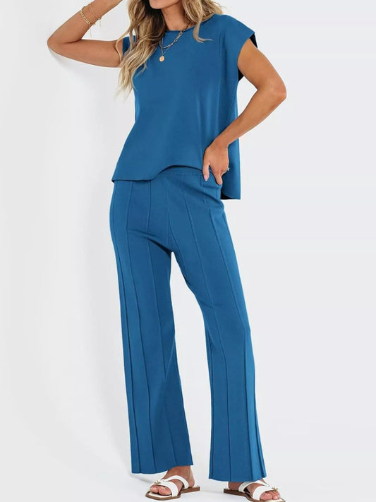 Casual Cap Sleeve Top and Pants Knit Set - Navy