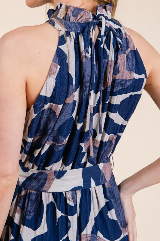 Abstract Halter Neck Tie-Waist Maxi Dress -