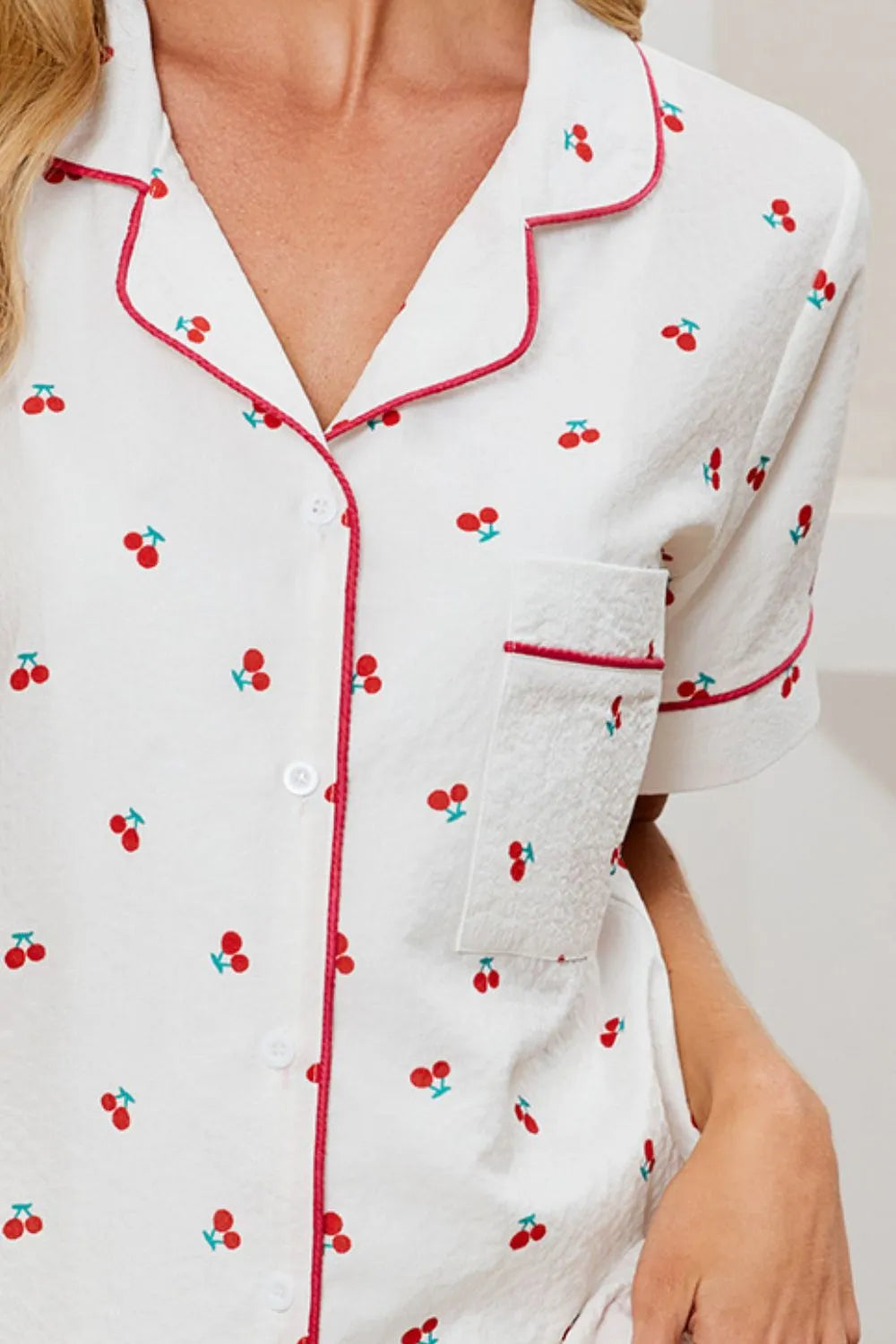Cherry Print Collared Neck Top and Shorts Lounge Set -