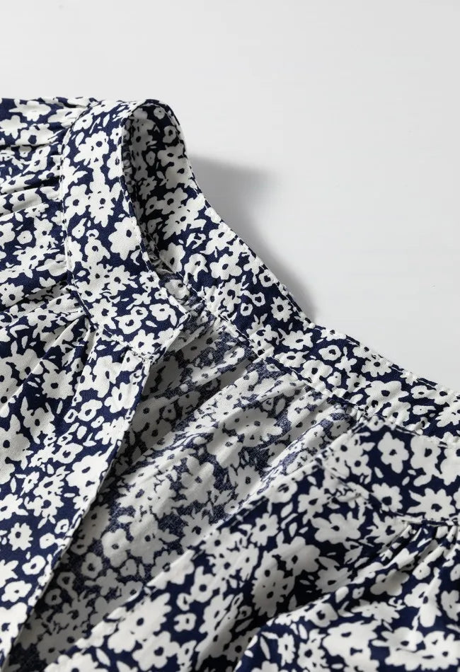 Floral Print Notched Long Sleeve Blouse -