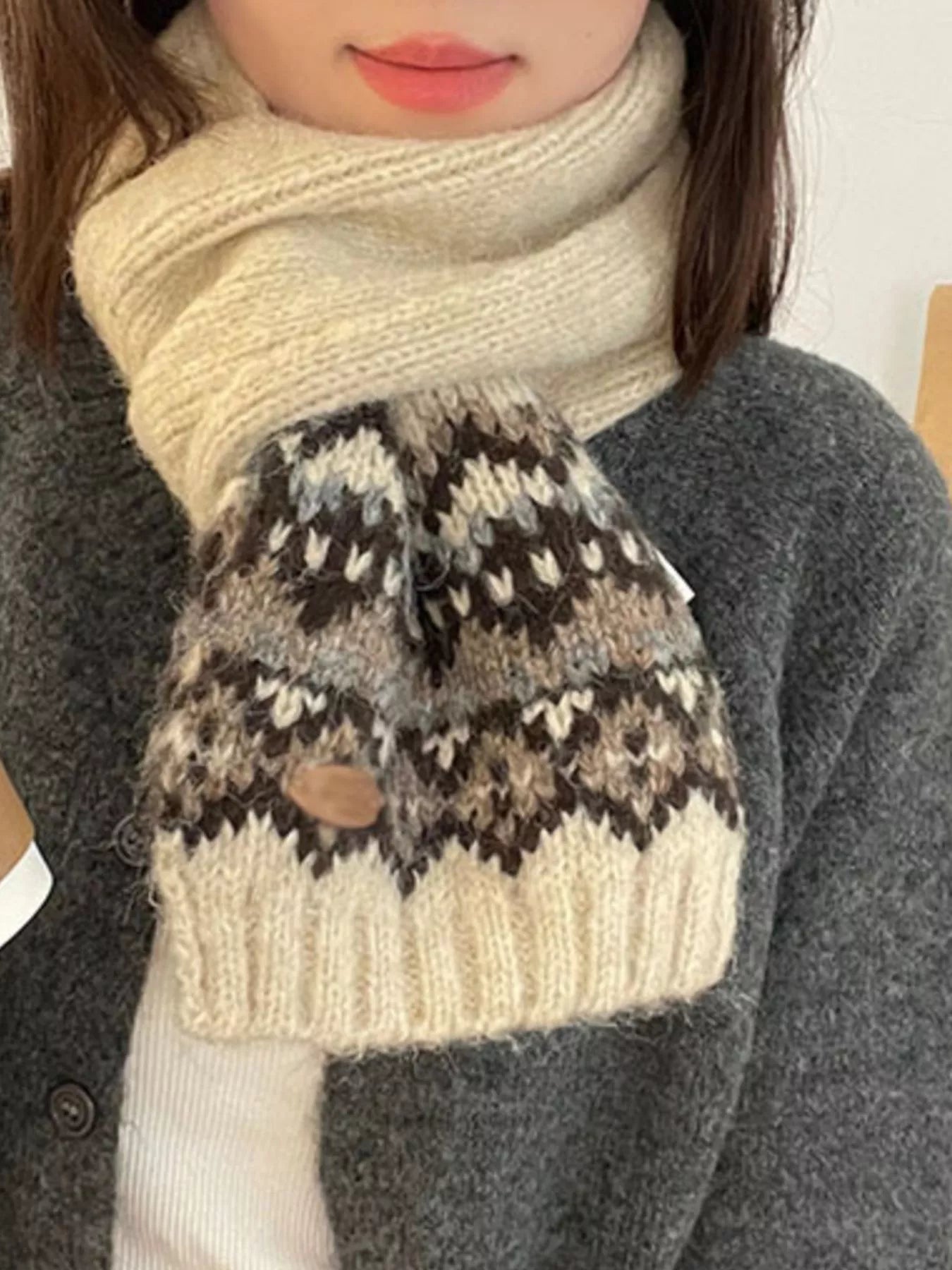 Nordic Pattern Knitted Winter Scarf - Off-white One Size