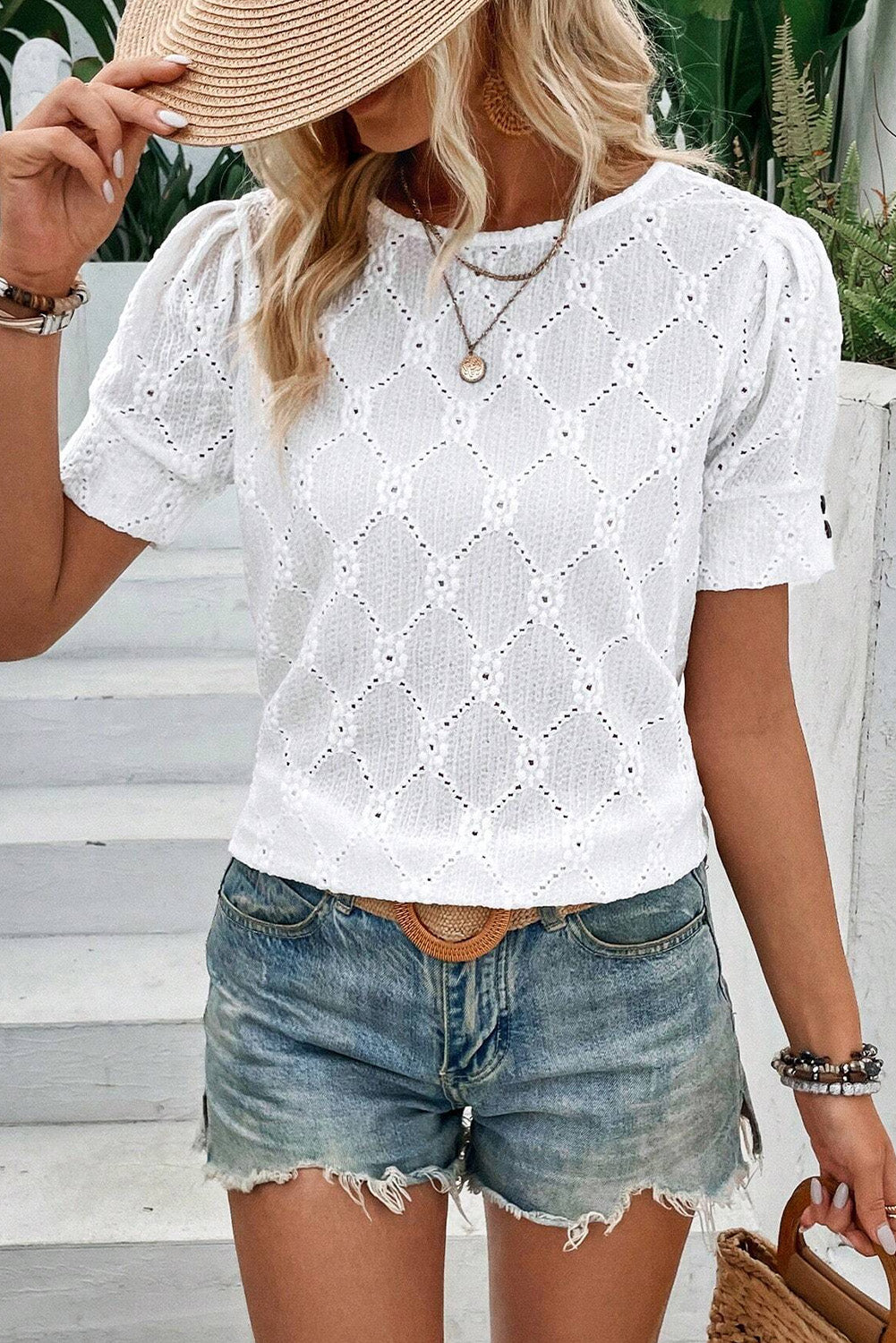 Eyelet Round Neck Short Sleeve Blouse