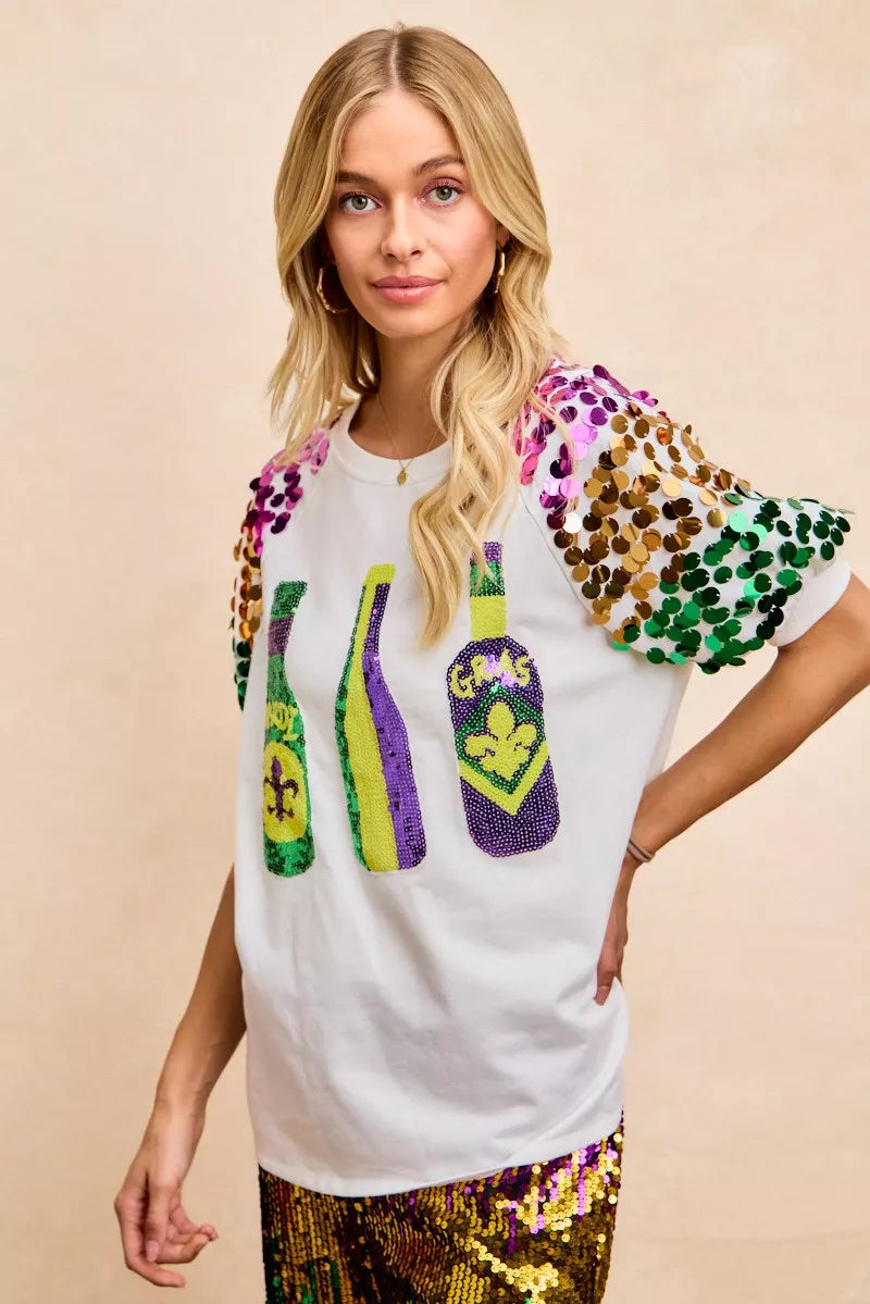 Sequin Mardi Gras Bottles Spangled Sleeve Top -
