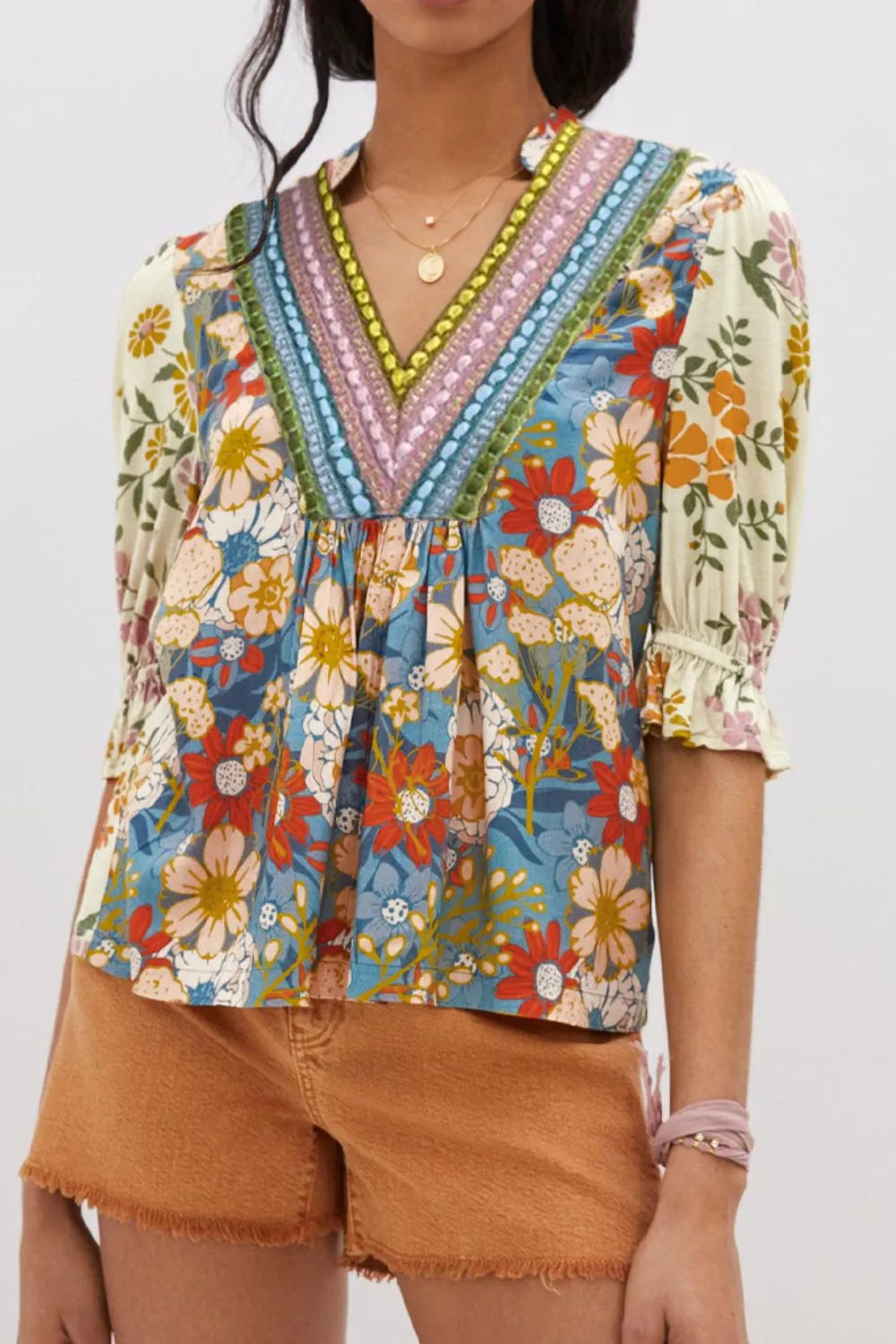 Crochet V-Neck Boho Floral Blouse -