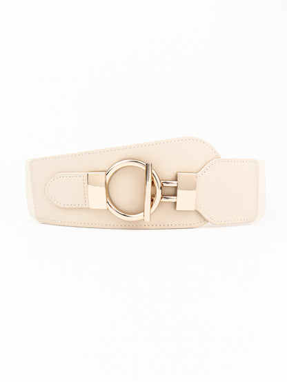 PU Elastic Wide Belt with Alloy Buckle - Cream One Size