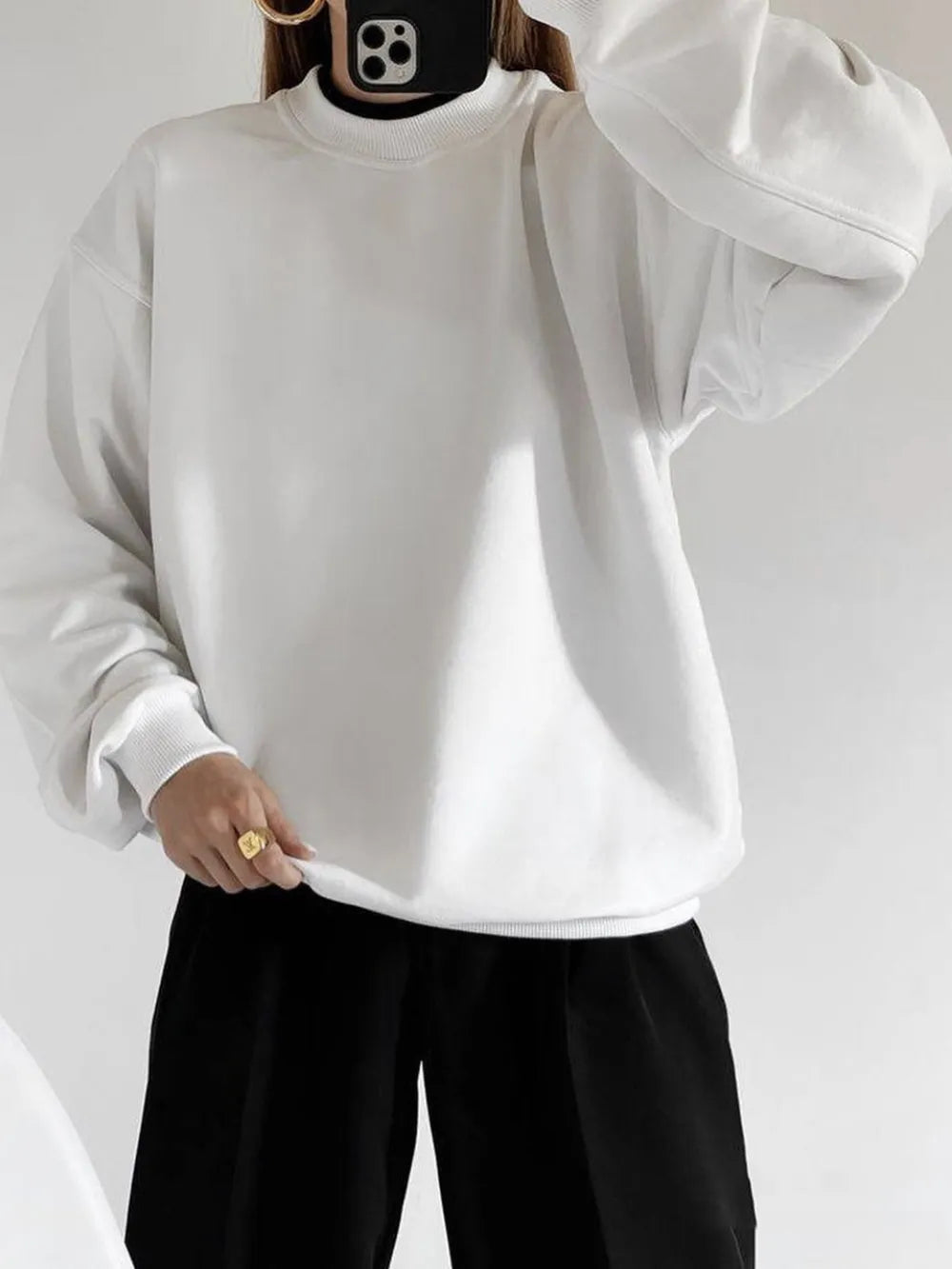 Round Neck Dropped Shoulder Long Sleeve Sweatshirt - White