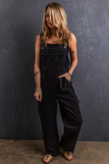 Pocketed Straight Denim Overalls - Black